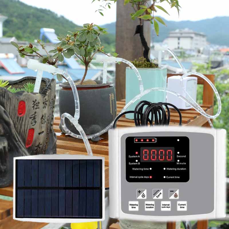 Smart Garden Tower - อุปกรณ์รดน้ำหยดพลังงานแสงอาทิตย์อัตโนมัติ ปั๊มคู่ วาล์วปรับได้ ระบบตั้งเวลาควบคุมอัจฉริยะ สำหรับรดน้ำสวน