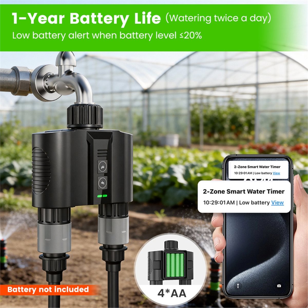 Smart Gardening - Y17A ชุดตั้งเวลาเปิด-ปิดน้ำแบบ WiFi สำหรับสายยางสวน, ตัวตั้งเวลาสำหรับสปริงเกอร์พร้อมช่องจ่ายน้ำ 2